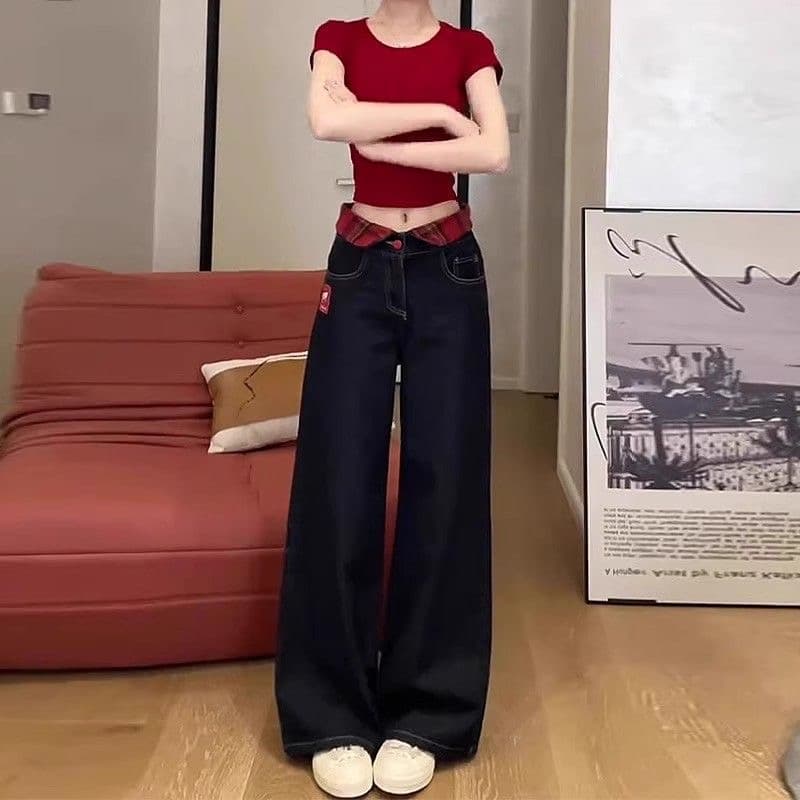 한 부서 chic 아메리칸 레트로 자수 청바지 여성 가을 새로운 하이웨이스트 루즈핏 체크무늬 패치워크 스트레이트 팬츠 이미지 2