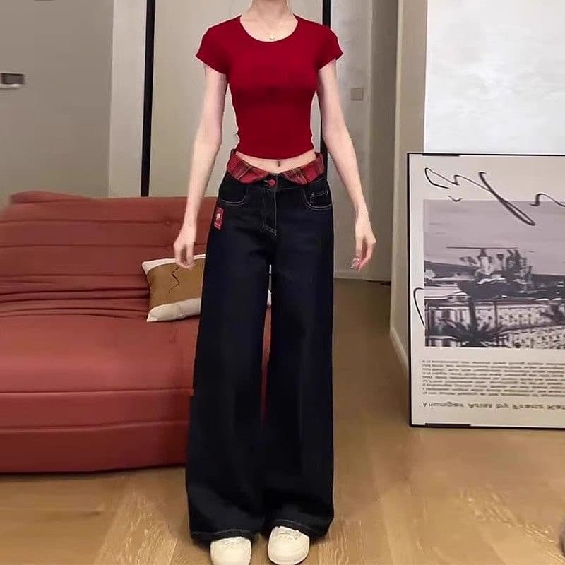 한 부서 chic 아메리칸 레트로 자수 청바지 여성 가을 새로운 하이웨이스트 루즈핏 체크무늬 패치워크 스트레이트 팬츠 상세 이미지 3