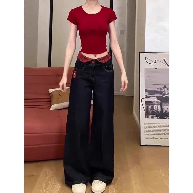 한 부서 chic 아메리칸 레트로 자수 청바지 여성 가을 새로운 하이웨이스트 루즈핏 체크무늬 패치워크 스트레이트 팬츠 상세 이미지 4