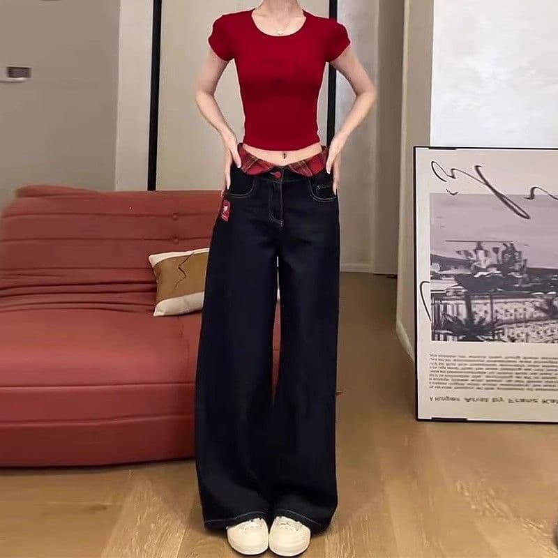 한 부서 chic 아메리칸 레트로 자수 청바지 여성 가을 새로운 하이웨이스트 루즈핏 체크무늬 패치워크 스트레이트 팬츠 상세 이미지 5