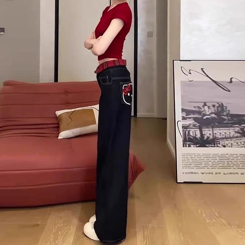 한 부서 chic 아메리칸 레트로 자수 청바지 여성 가을 새로운 하이웨이스트 루즈핏 체크무늬 패치워크 스트레이트 팬츠 상세 이미지 6