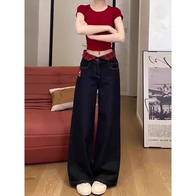 한 부서 chic 아메리칸 레트로 자수 청바지 여성 가을 새로운 하이웨이스트 루즈핏 체크무늬 패치워크 스트레이트 팬츠 상세 이미지 7