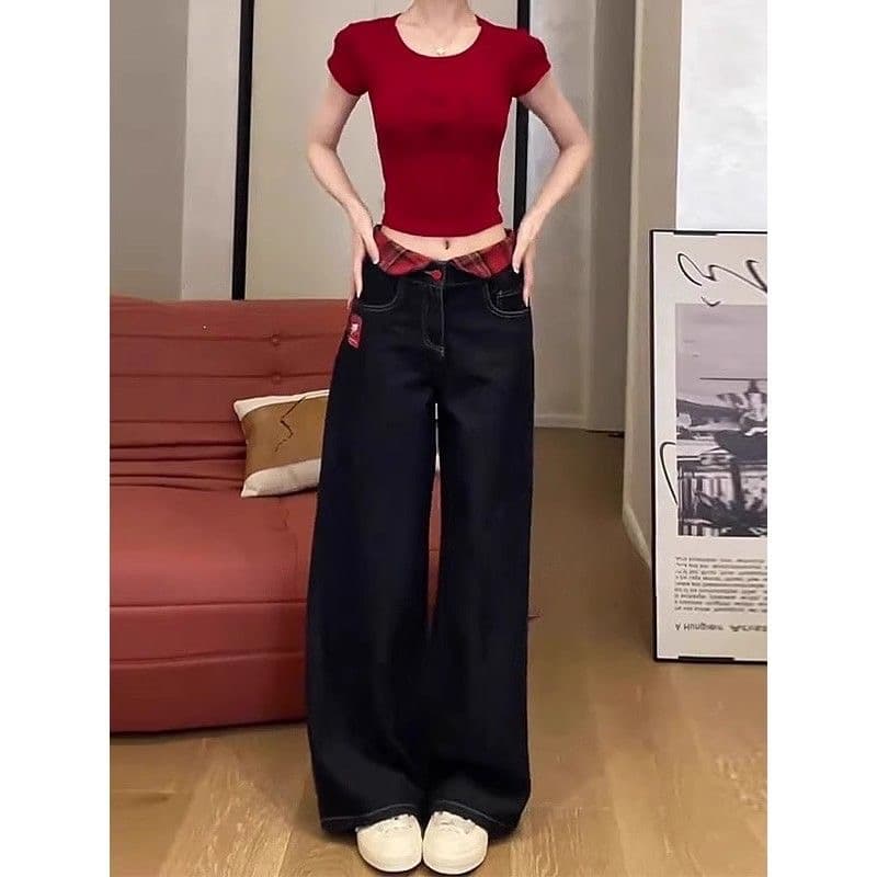 한 부서 chic 아메리칸 레트로 자수 청바지 여성 가을 새로운 하이웨이스트 루즈핏 체크무늬 패치워크 스트레이트 팬츠 상세 이미지 9
