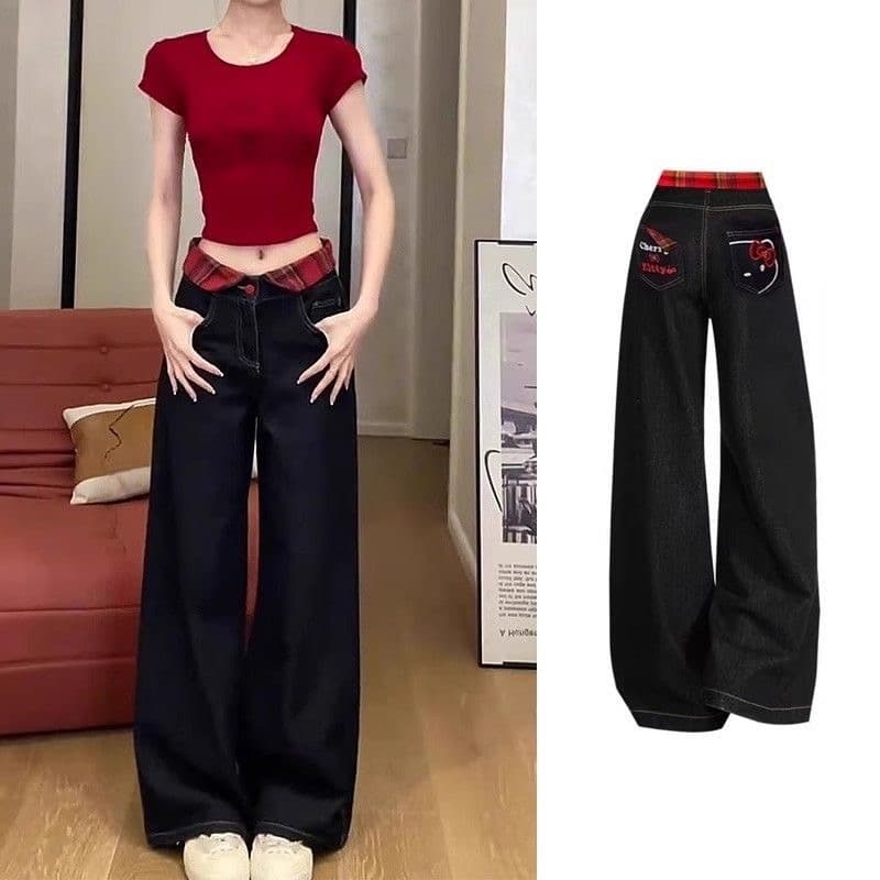 한 부서 chic 아메리칸 레트로 자수 청바지 여성 가을 새로운 하이웨이스트 루즈핏 체크무늬 패치워크 스트레이트 팬츠 상세 이미지 10