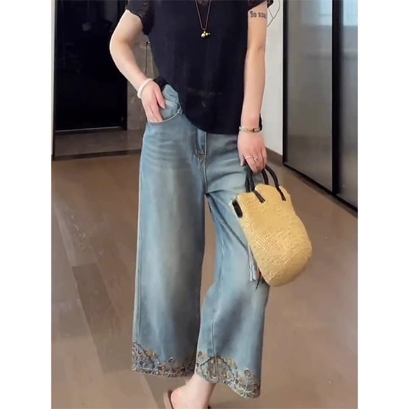 한 부서 레트로 파란색 8 점 청바지 여성 2026 여름 얇은 스타일 루즈핏 하이웨이스트 슬림해 보이는 스트레이트 와이드 레그 팬츠 상세 이미지 15