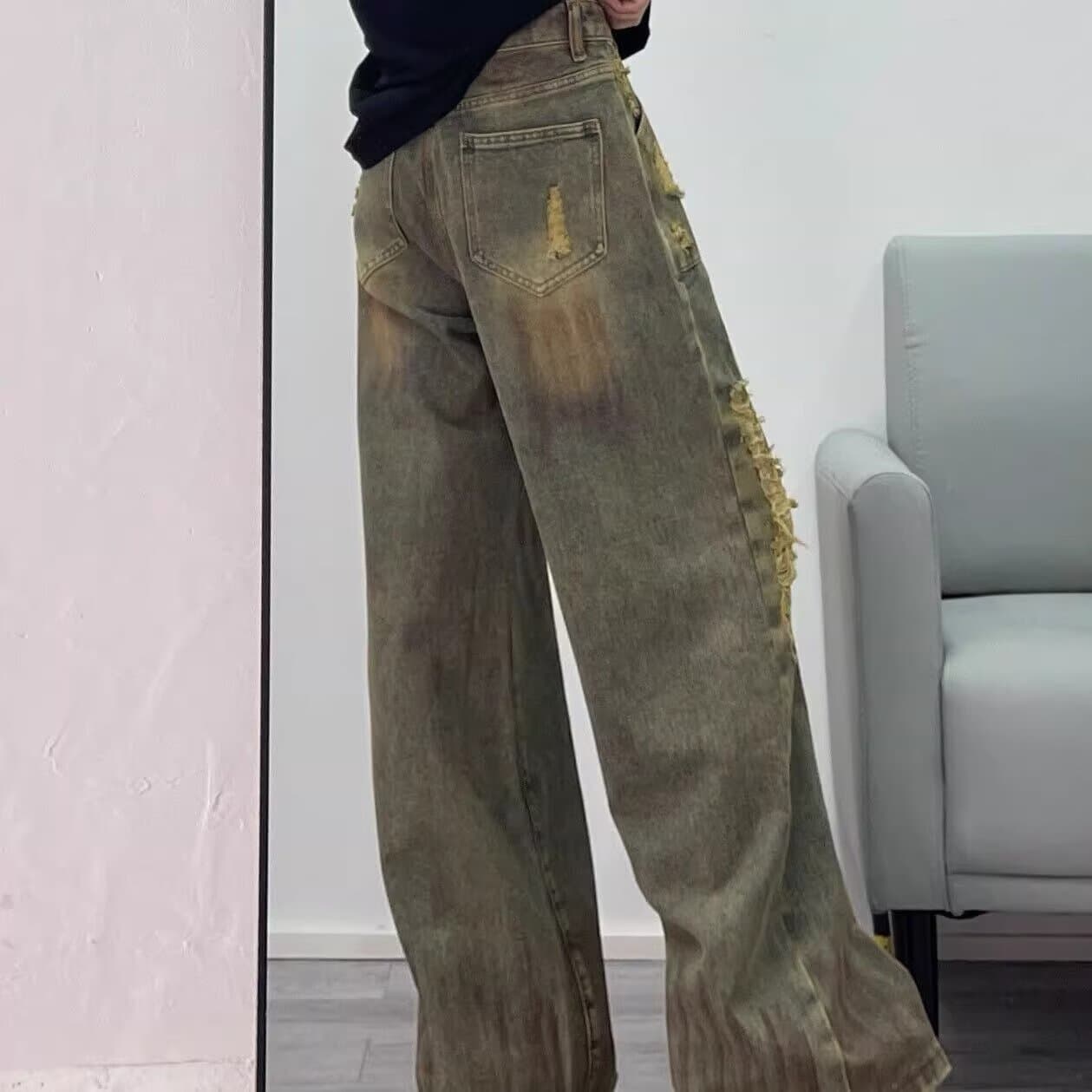 아메리칸 거리 워싱 마 오래된 찢어진 부분 넓은 다리 청바지 여성 불모지 바람 로우 웨이스트 루즈핏 스트레이트 바닥 청소 롱 바지 이미지 4