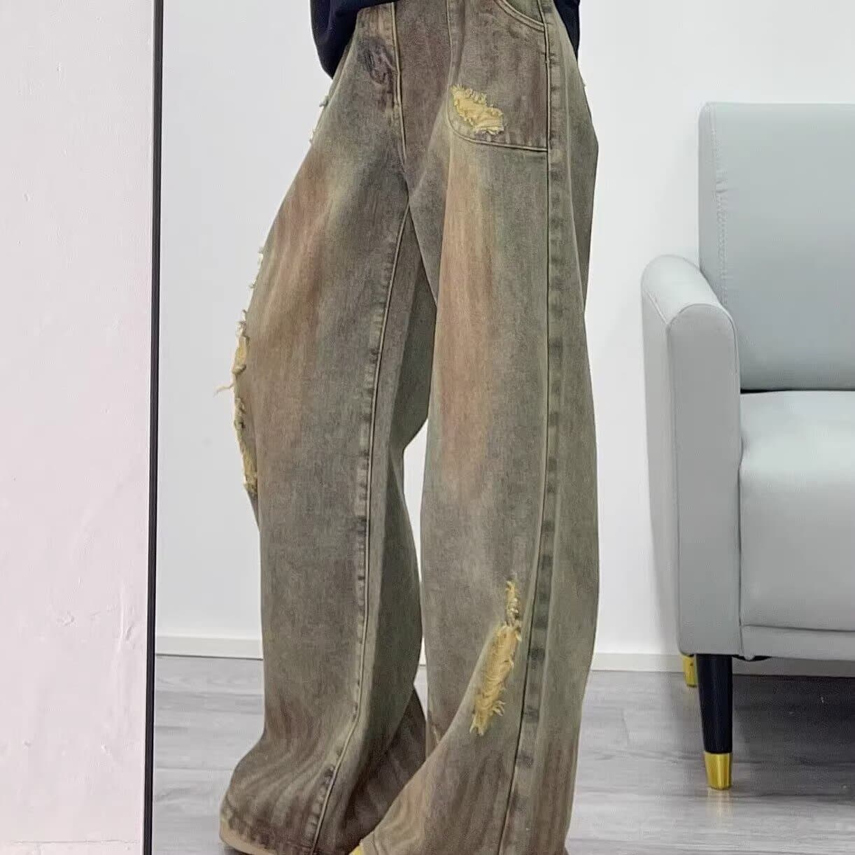 아메리칸 거리 워싱 마 오래된 찢어진 부분 넓은 다리 청바지 여성 불모지 바람 로우 웨이스트 루즈핏 스트레이트 바닥 청소 롱 바지 이미지 6