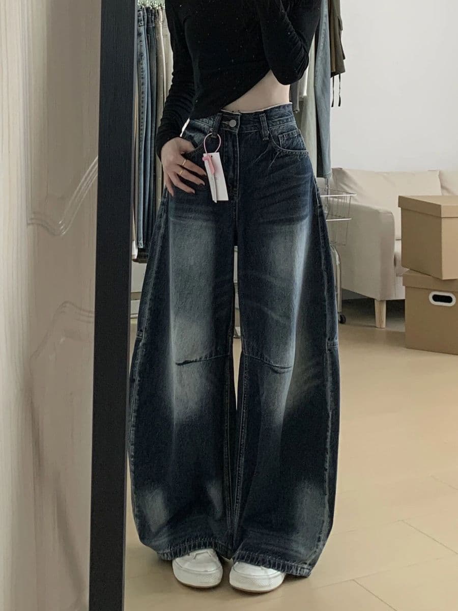 한 부서 느긋한 느슨함 바람 청바지 여성 봄 여름 배 모양 루즈핏 두꺼운 다리 표지 고기 슬림해 보이는 모통이 칼 와이드 레그 팬츠 이미지 3