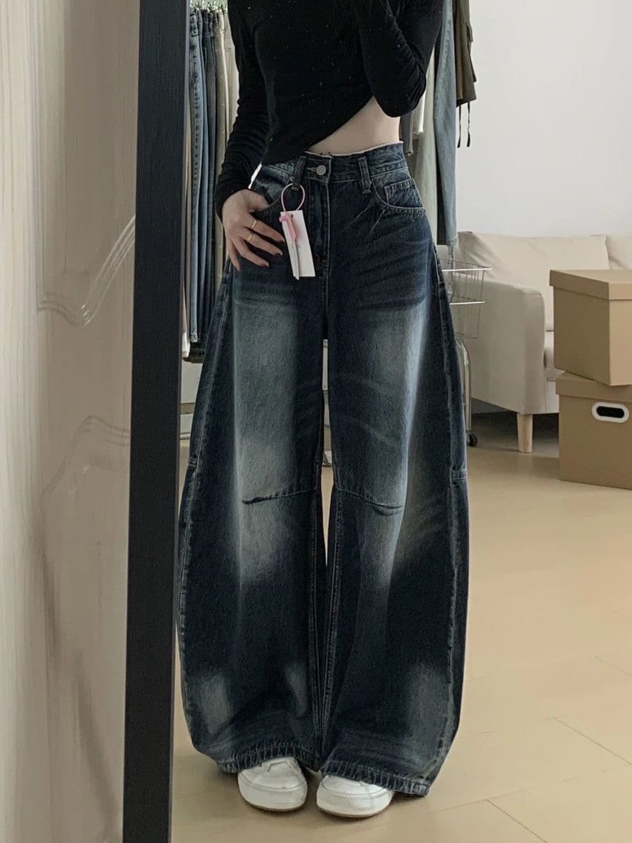 한 부서 느긋한 느슨함 바람 청바지 여성 봄 여름 배 모양 루즈핏 두꺼운 다리 표지 고기 슬림해 보이는 모통이 칼 와이드 레그 팬츠 상세 이미지 3