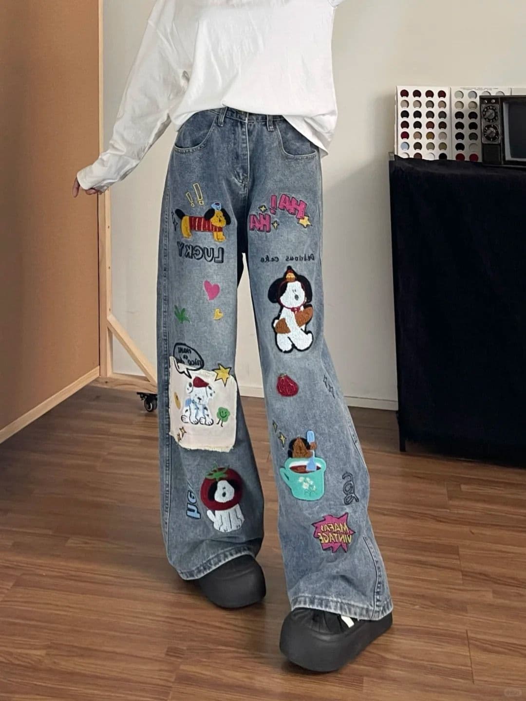 한 부서 레트로 강아지 수건 자수 청바지 여성 봄 가을 새로운 디자인 센스 루즈핏 모통이 칼 넓은 다리 길이 바지 상세 이미지 1