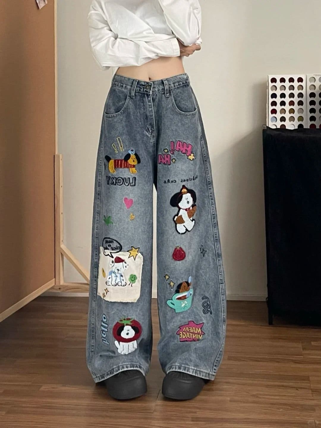 한 부서 레트로 강아지 수건 자수 청바지 여성 봄 가을 새로운 디자인 센스 루즈핏 모통이 칼 넓은 다리 길이 바지 상세 이미지 4