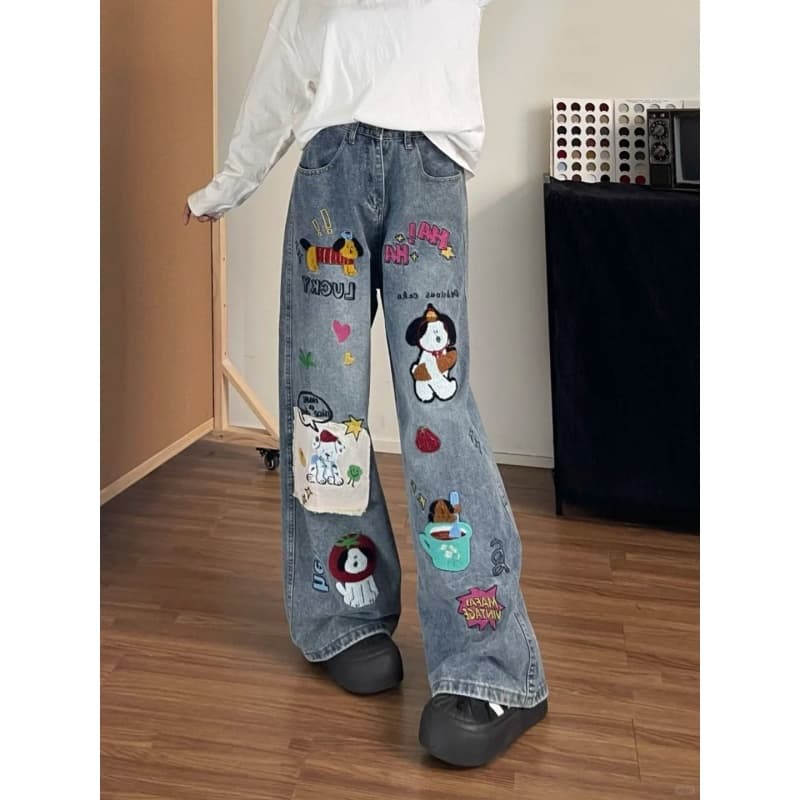 한 부서 레트로 강아지 수건 자수 청바지 여성 봄 가을 새로운 디자인 센스 루즈핏 모통이 칼 넓은 다리 길이 바지 상세 이미지 5