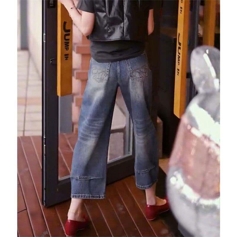 한 부서 레트로 파란색 8 점 청바지 여성 봄 여름 지방 mm 작은 키 루즈핏 하이웨이스트 슬림해 보이는 스트레이트 와이드 레그 팬츠 이미지 2