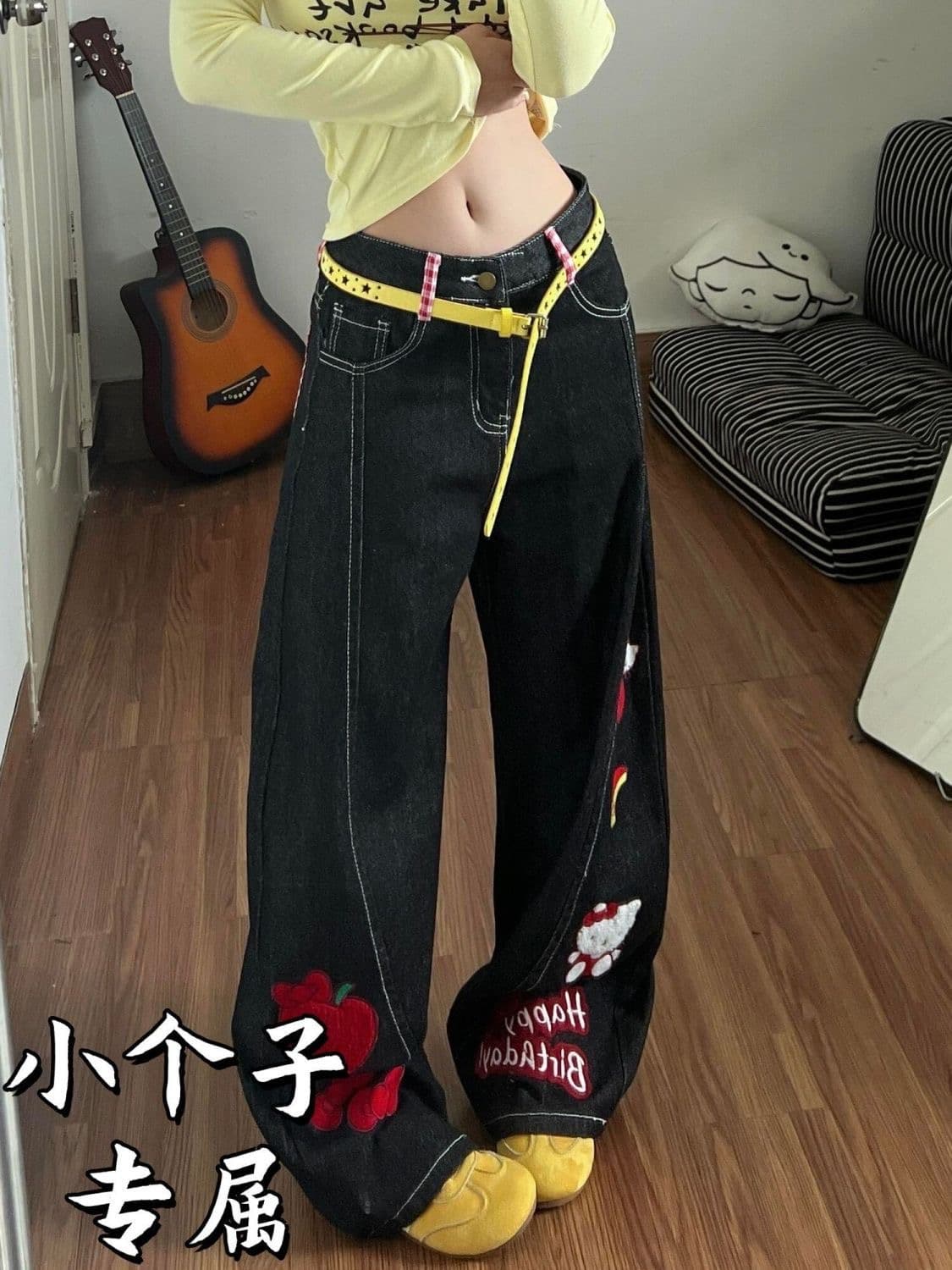 한 부서 작은 키 아메리칸 만화 애플 자수 모통이 칼 청바지 여성 여름 높음 거리 루즈핏 슬림해 보이는 와이드 레그 팬츠 이미지 2