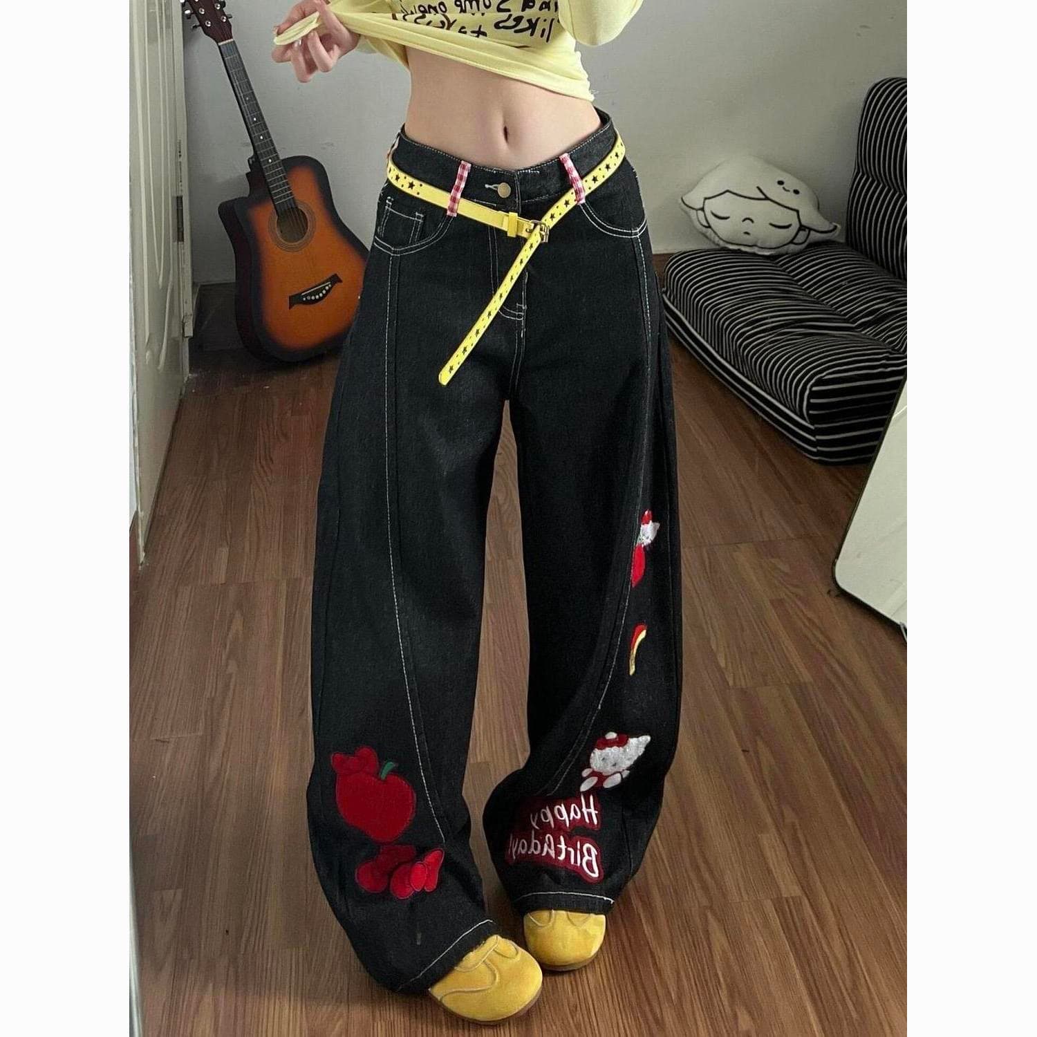 한 부서 작은 키 아메리칸 만화 애플 자수 모통이 칼 청바지 여성 여름 높음 거리 루즈핏 슬림해 보이는 와이드 레그 팬츠 상세 이미지 4