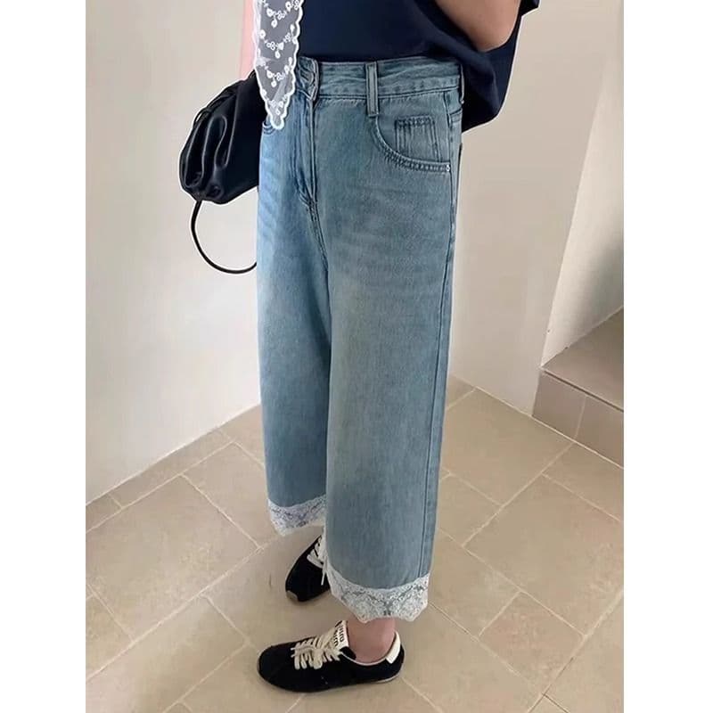 한 부서 빅 사이즈 레이스 조각 9 포인트 청바지 여성 봄 여름 작은 키 루즈핏 하이웨이스트 슬림해 보이는 스트레이트 와이드 레그 팬츠 이미지 3