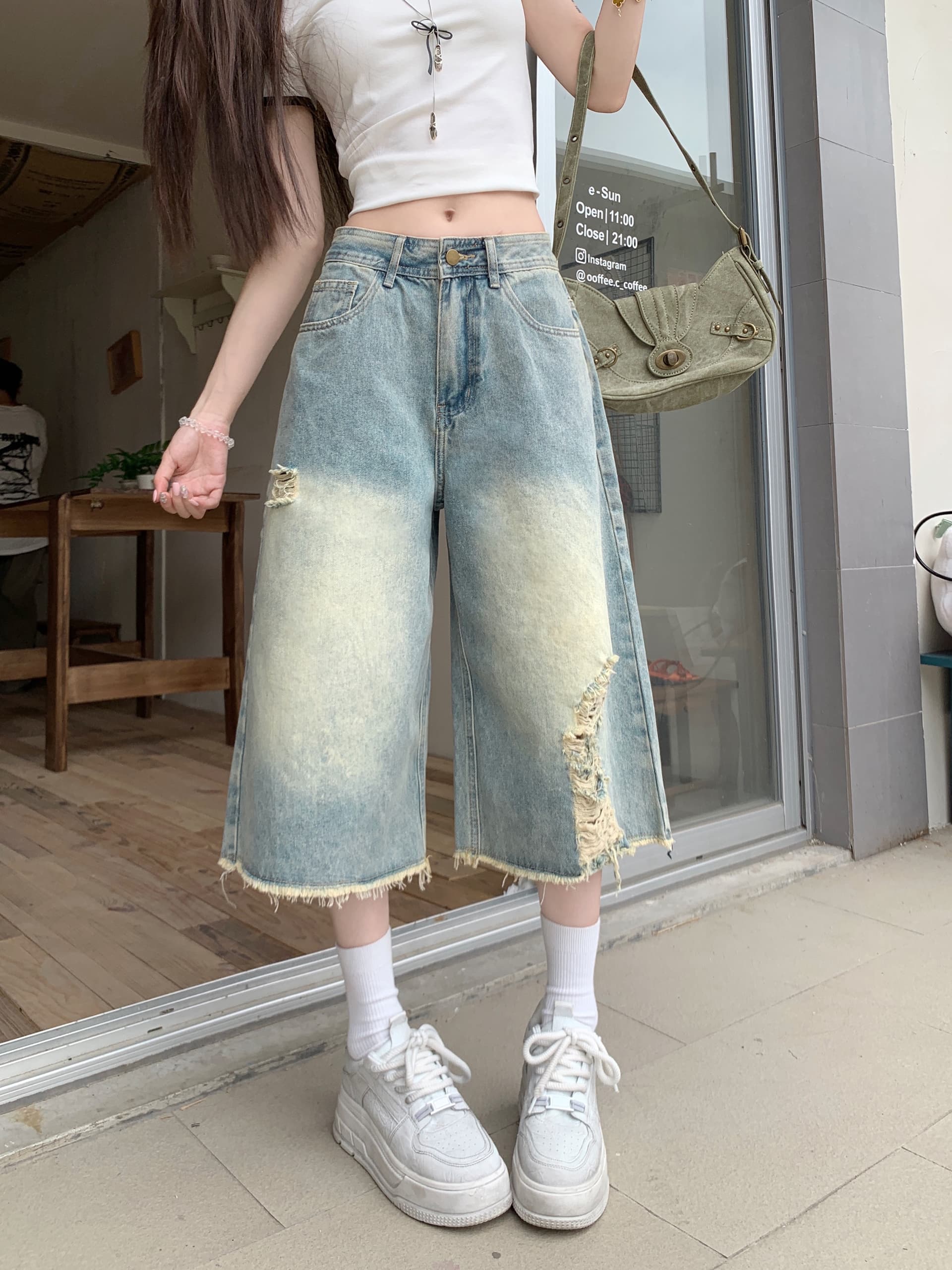 한 부서 2026 새로운 찢어진 부분 스트레이트 데님 7 점 baggy 바람 디자인 센스 워싱 마 오래된 루즈핏 넓은 다리 바지 상세 이미지 2