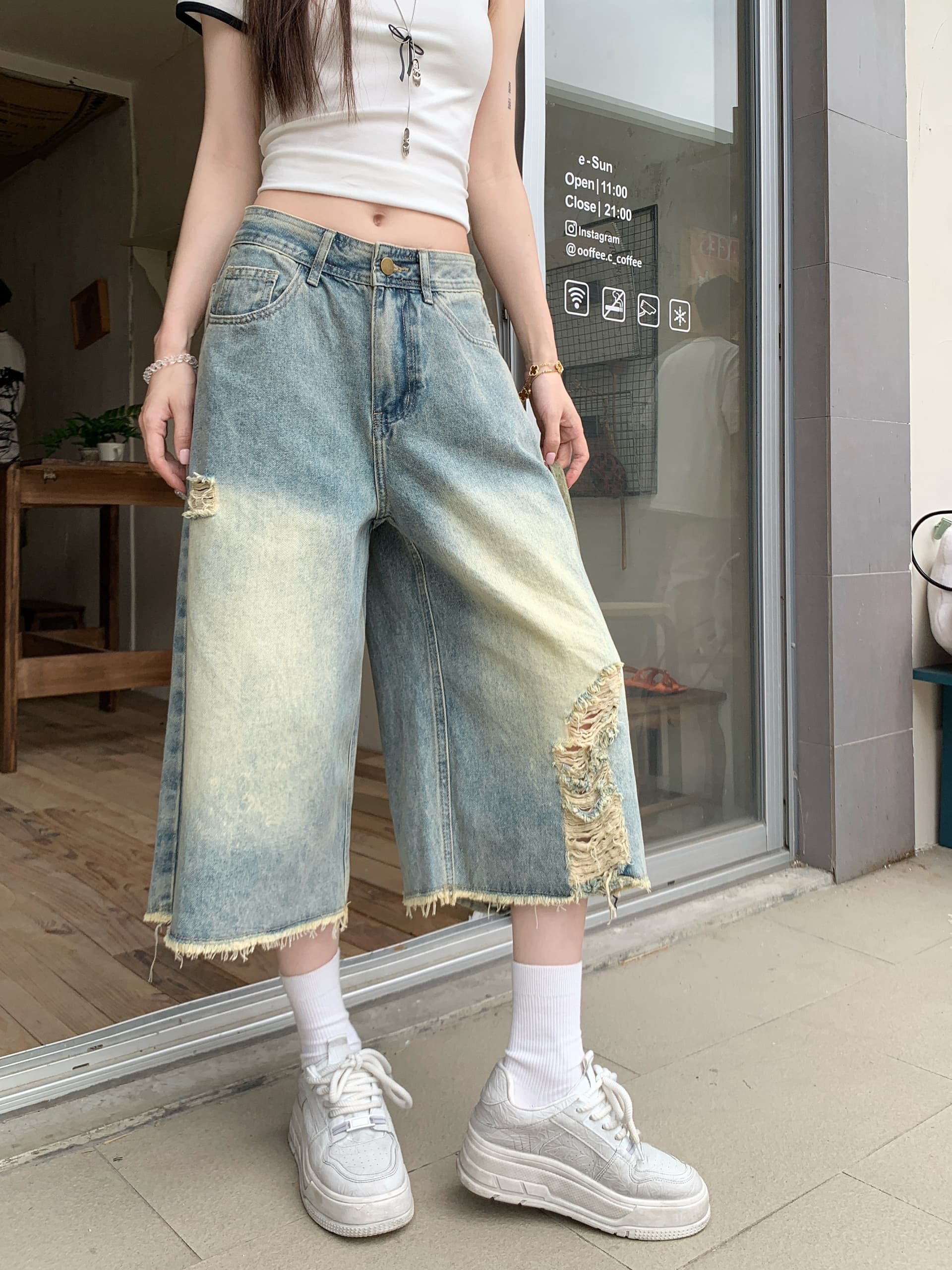 한 부서 2026 새로운 찢어진 부분 스트레이트 데님 7 점 baggy 바람 디자인 센스 워싱 마 오래된 루즈핏 넓은 다리 바지 상세 이미지 3