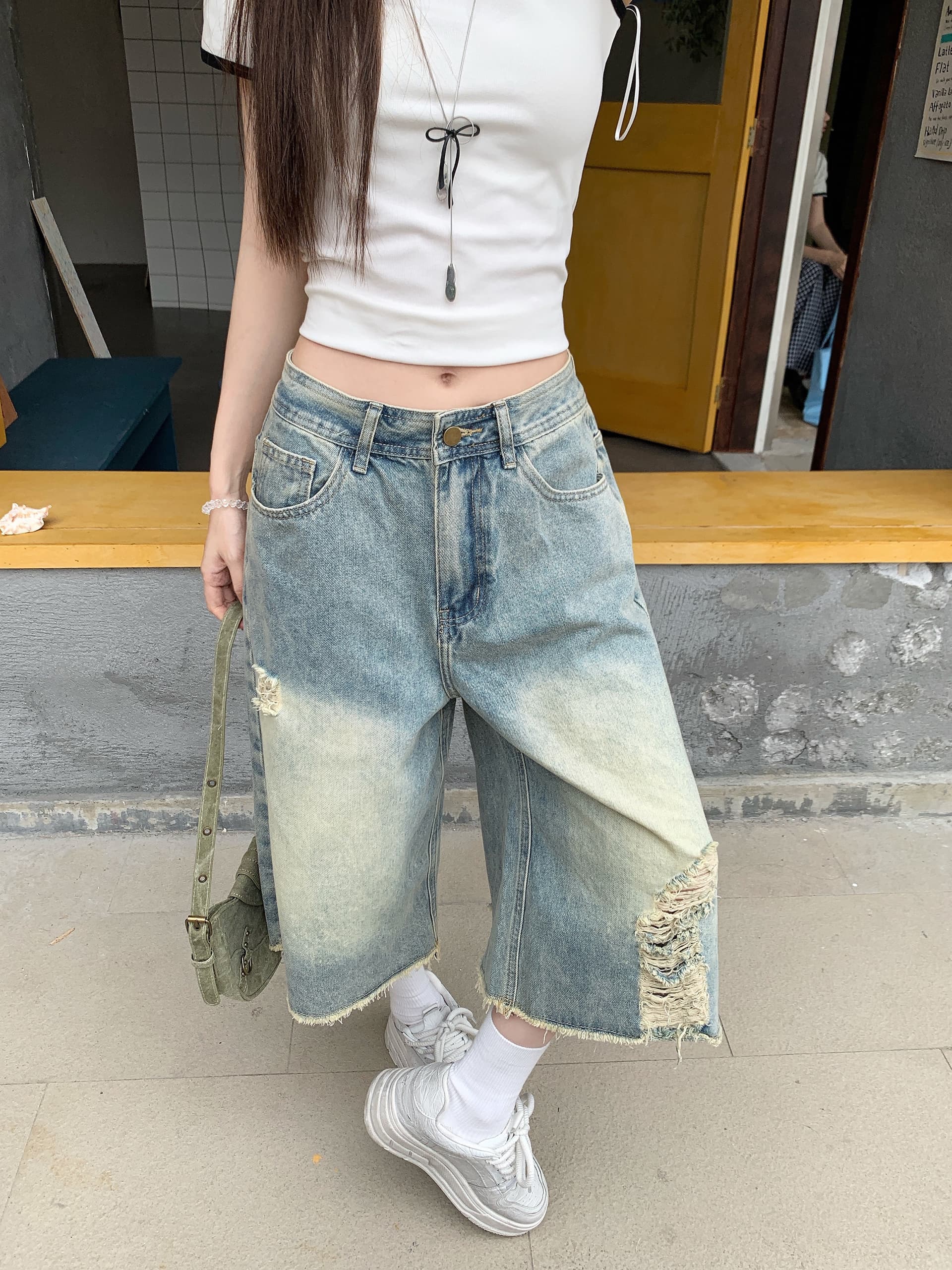 한 부서 2026 새로운 찢어진 부분 스트레이트 데님 7 점 baggy 바람 디자인 센스 워싱 마 오래된 루즈핏 넓은 다리 바지 상세 이미지 4