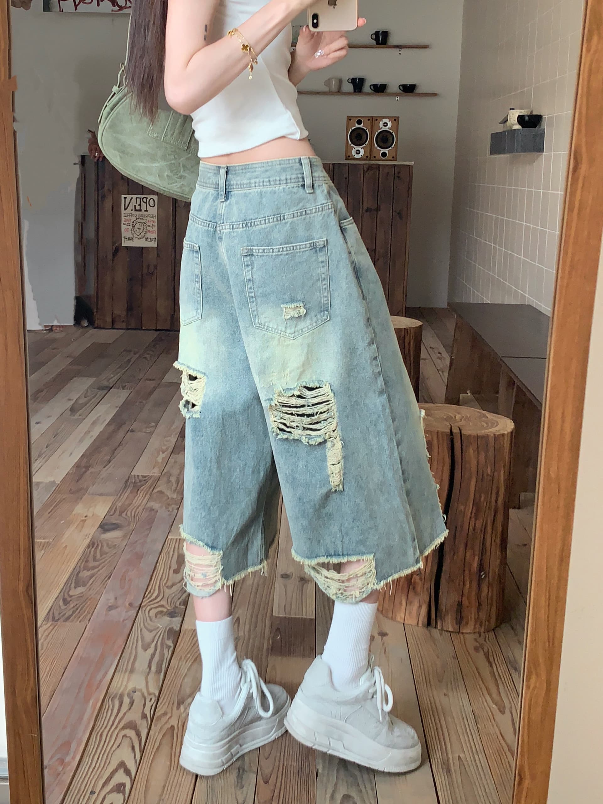 한 부서 2026 새로운 찢어진 부분 스트레이트 데님 7 점 baggy 바람 디자인 센스 워싱 마 오래된 루즈핏 넓은 다리 바지 상세 이미지 11