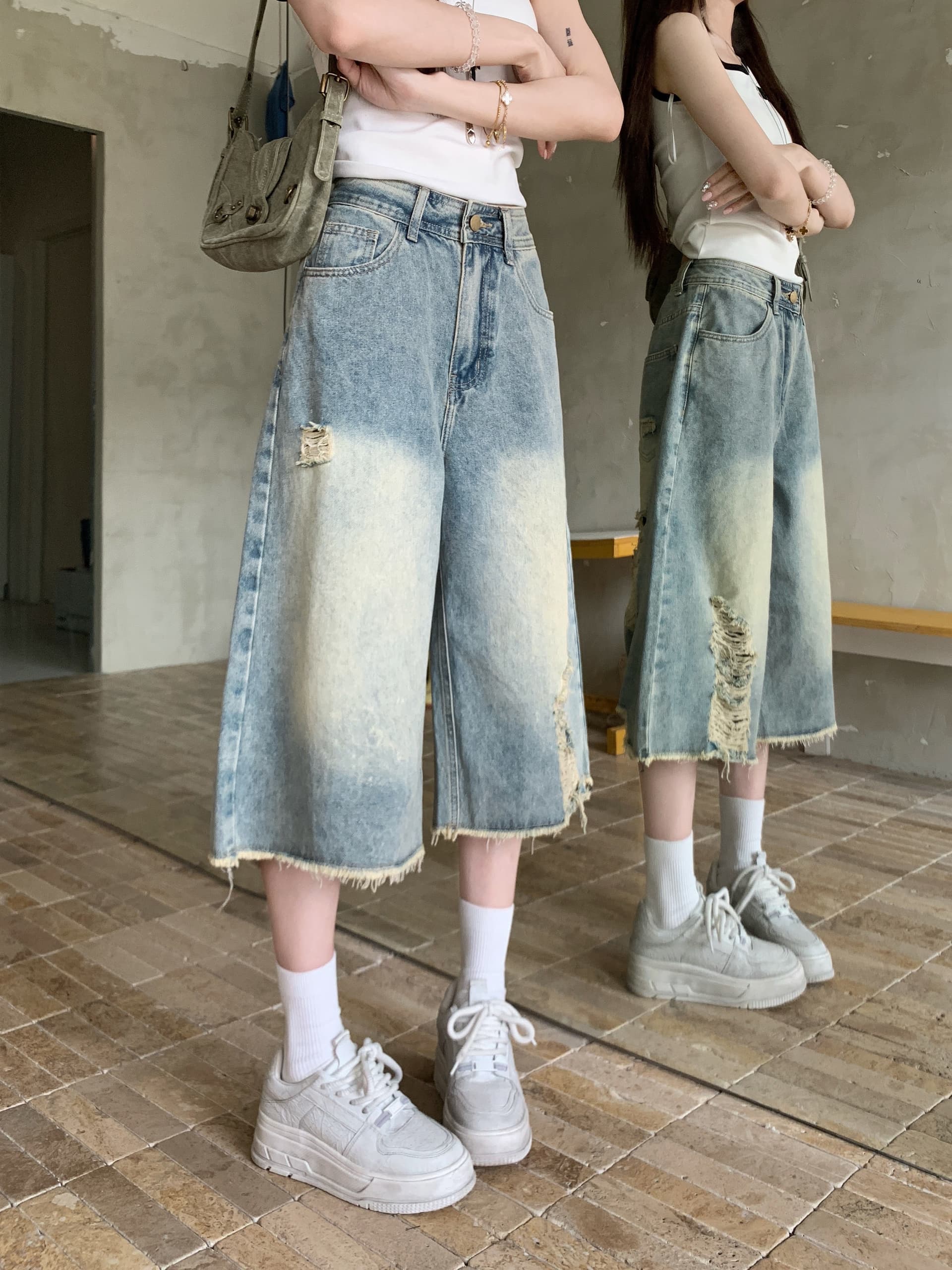 한 부서 2026 새로운 찢어진 부분 스트레이트 데님 7 점 baggy 바람 디자인 센스 워싱 마 오래된 루즈핏 넓은 다리 바지 상세 이미지 13