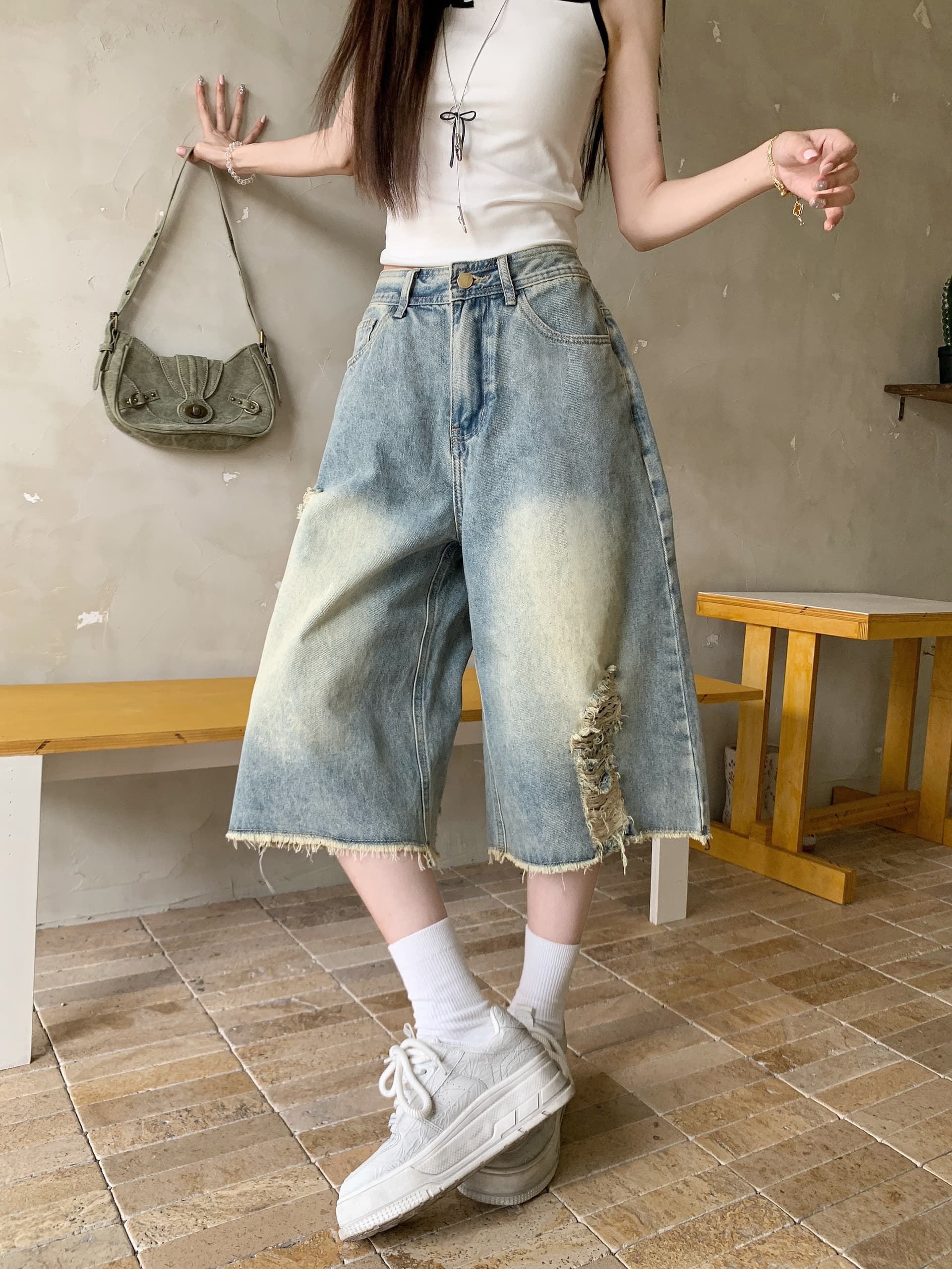 한 부서 2026 새로운 찢어진 부분 스트레이트 데님 7 점 baggy 바람 디자인 센스 워싱 마 오래된 루즈핏 넓은 다리 바지 상세 이미지 15