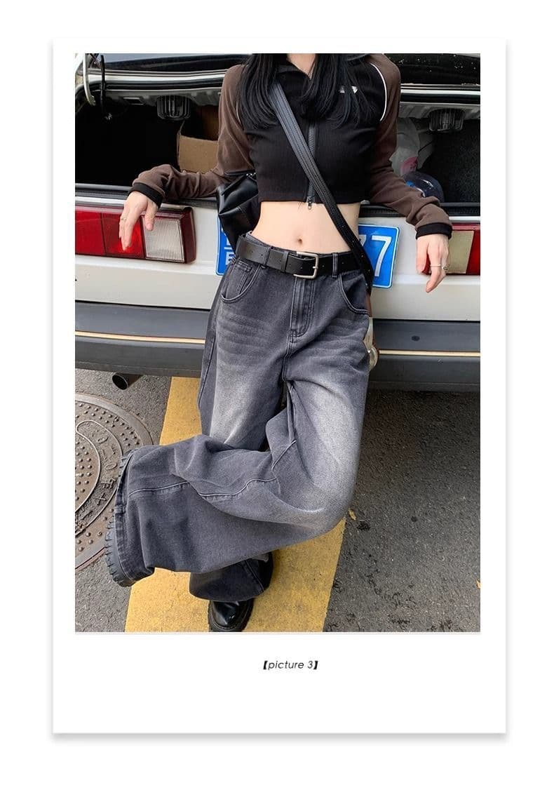 2026 여름 새로운 블랙 회색 스트레이트 슬림해 보이는 넓은 다리 청바지 여성 루즈핏 바닥 청소 아메리칸 하이웨이스트 롱 바지 상세 이미지 7