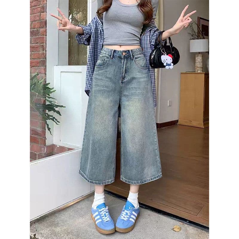 빅 사이즈 레트로 아메리칸 7 점 청바지 여성 여름 지방 mm 작은 키 루즈핏 하이웨이스트 슬림해 보이는 스트레이트 와이드 레그 팬츠 이미지 5