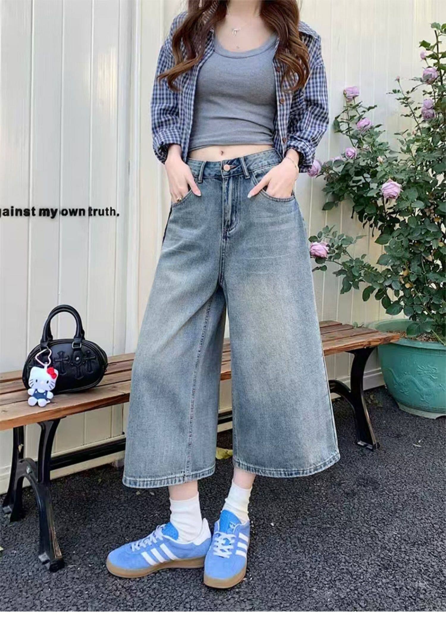 빅 사이즈 레트로 아메리칸 7 점 청바지 여성 여름 지방 mm 작은 키 루즈핏 하이웨이스트 슬림해 보이는 스트레이트 와이드 레그 팬츠 상세 이미지 15