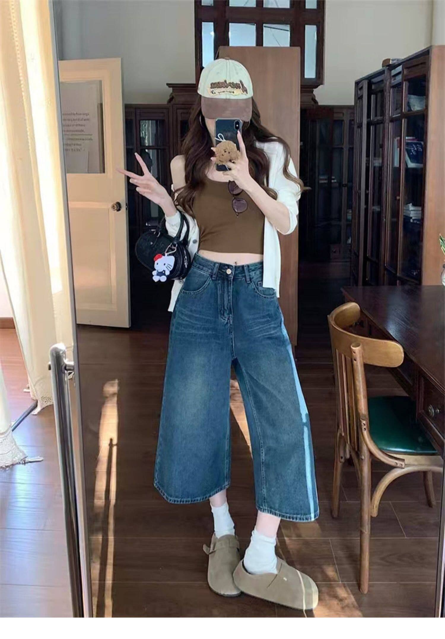 빅 사이즈 레트로 아메리칸 7 점 청바지 여성 여름 지방 mm 작은 키 루즈핏 하이웨이스트 슬림해 보이는 스트레이트 와이드 레그 팬츠 상세 이미지 29