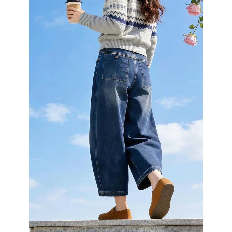 한 부서 레트로 모통이 칼 9 포인트 청바지 여성 여름 지방 mm 작은 키 루즈핏 하이웨이스트 슬림해 보이는 스트레이트 와이드 레그 팬츠 이미지 2