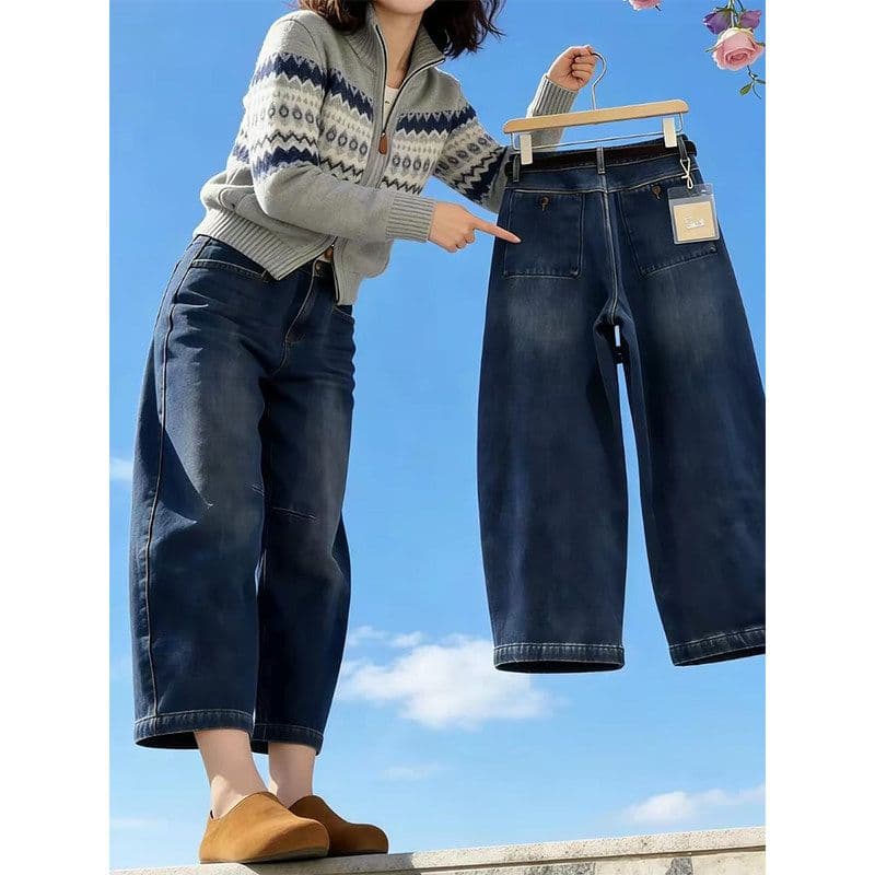 한 부서 레트로 모통이 칼 9 포인트 청바지 여성 여름 지방 mm 작은 키 루즈핏 하이웨이스트 슬림해 보이는 스트레이트 와이드 레그 팬츠