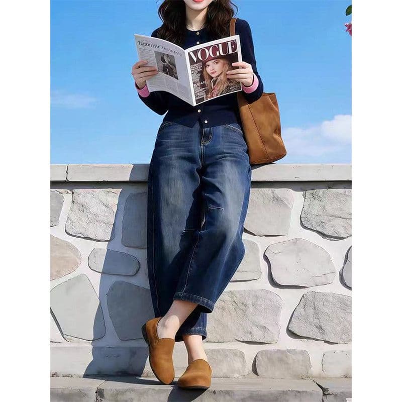 한 부서 레트로 모통이 칼 9 포인트 청바지 여성 여름 지방 mm 작은 키 루즈핏 하이웨이스트 슬림해 보이는 스트레이트 와이드 레그 팬츠 이미지 4