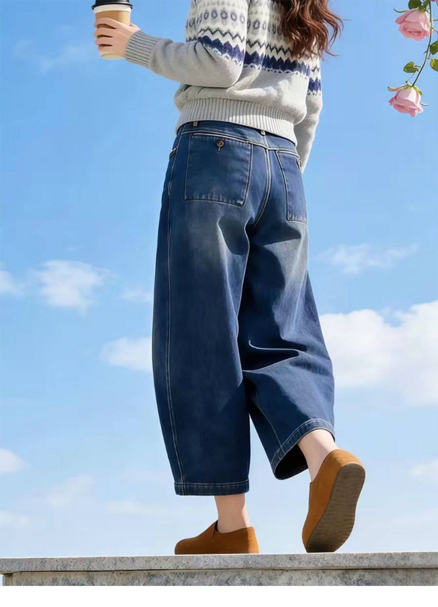 한 부서 레트로 모통이 칼 9 포인트 청바지 여성 여름 지방 mm 작은 키 루즈핏 하이웨이스트 슬림해 보이는 스트레이트 와이드 레그 팬츠 상세 이미지 3