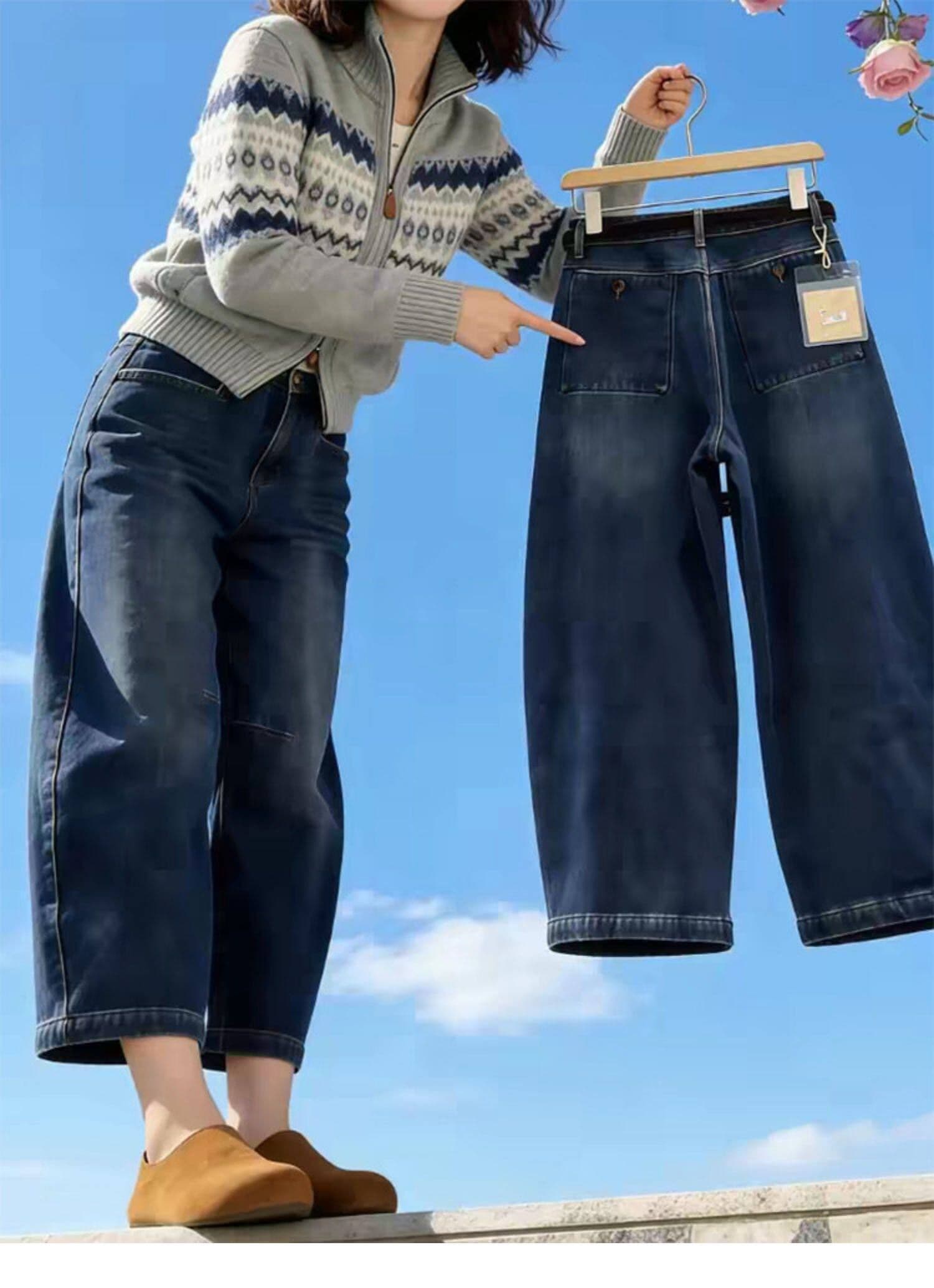 한 부서 레트로 모통이 칼 9 포인트 청바지 여성 여름 지방 mm 작은 키 루즈핏 하이웨이스트 슬림해 보이는 스트레이트 와이드 레그 팬츠 상세 이미지 4