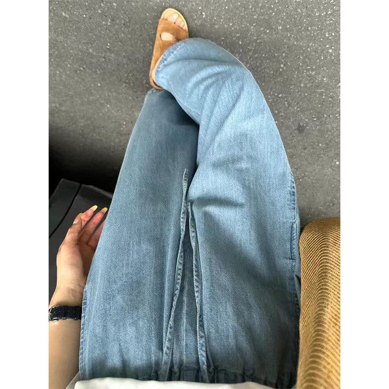 한 부서 파란색 9 포인트 청바지 여성 여름 얇은 스타일 지방 mm 작은 키 루즈핏 하이웨이스트 슬림해 보이는 스트레이트 와이드 레그 팬츠 이미지 5