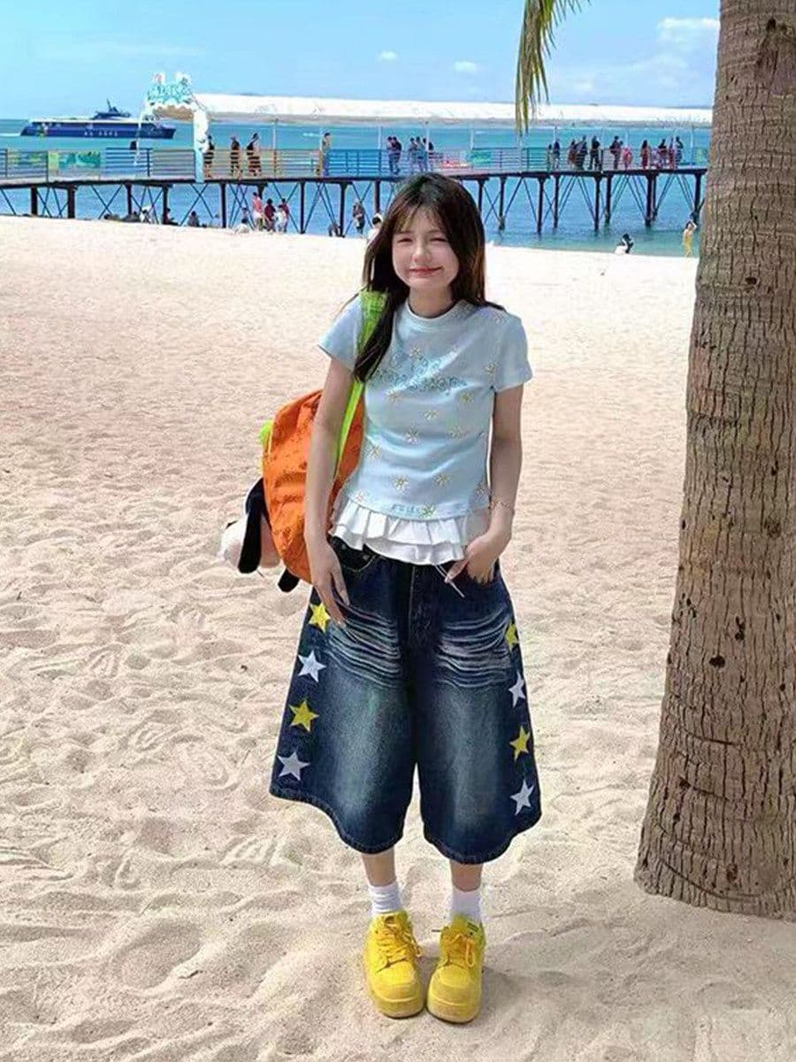 빅 사이즈 레트로 아메리칸 7 점 데님 반바지 여성 여름 지방 mm 루즈핏 하이웨이스트 슬림해 보이는 스트레이트 넓은 다리 중 바지 상세 이미지 20