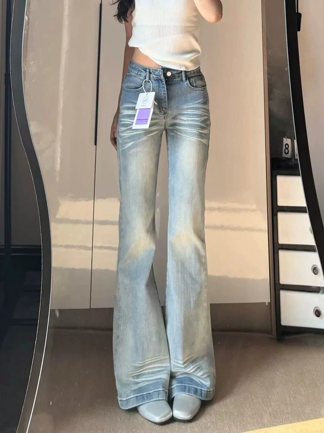 한 부서 아메리칸 워싱 주름 부츠컷 청바지 여성 로우 웨이스트 몸매 가꾸기 슬림해 보이는 스트레이트 나팔 바지 이미지 3