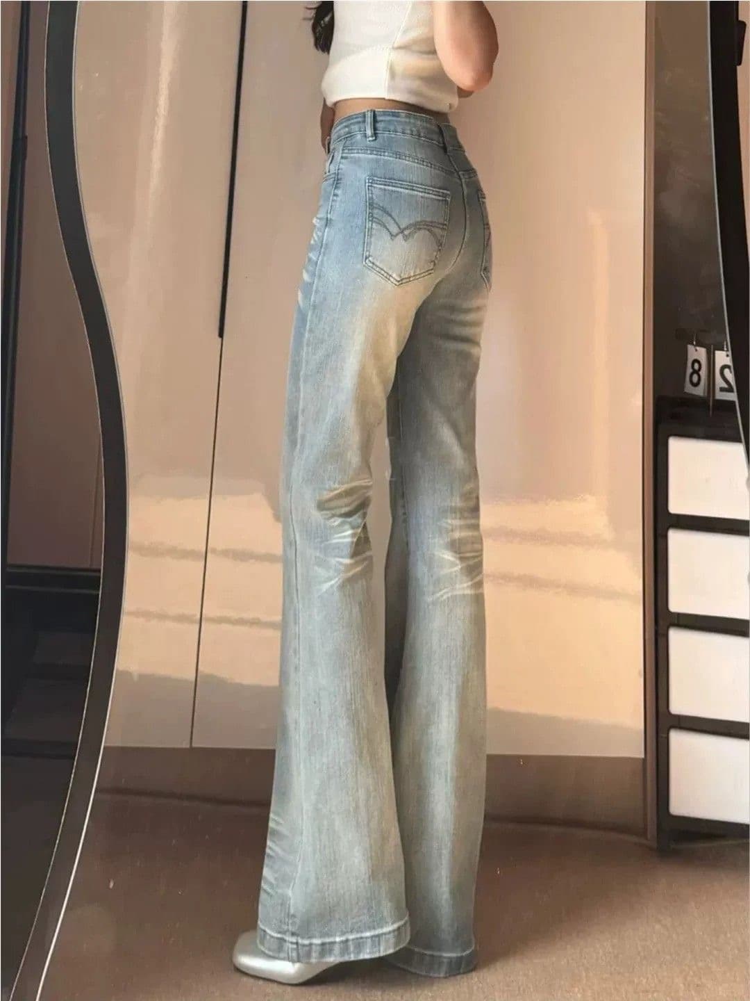 한 부서 아메리칸 워싱 주름 부츠컷 청바지 여성 로우 웨이스트 몸매 가꾸기 슬림해 보이는 스트레이트 나팔 바지 이미지 4