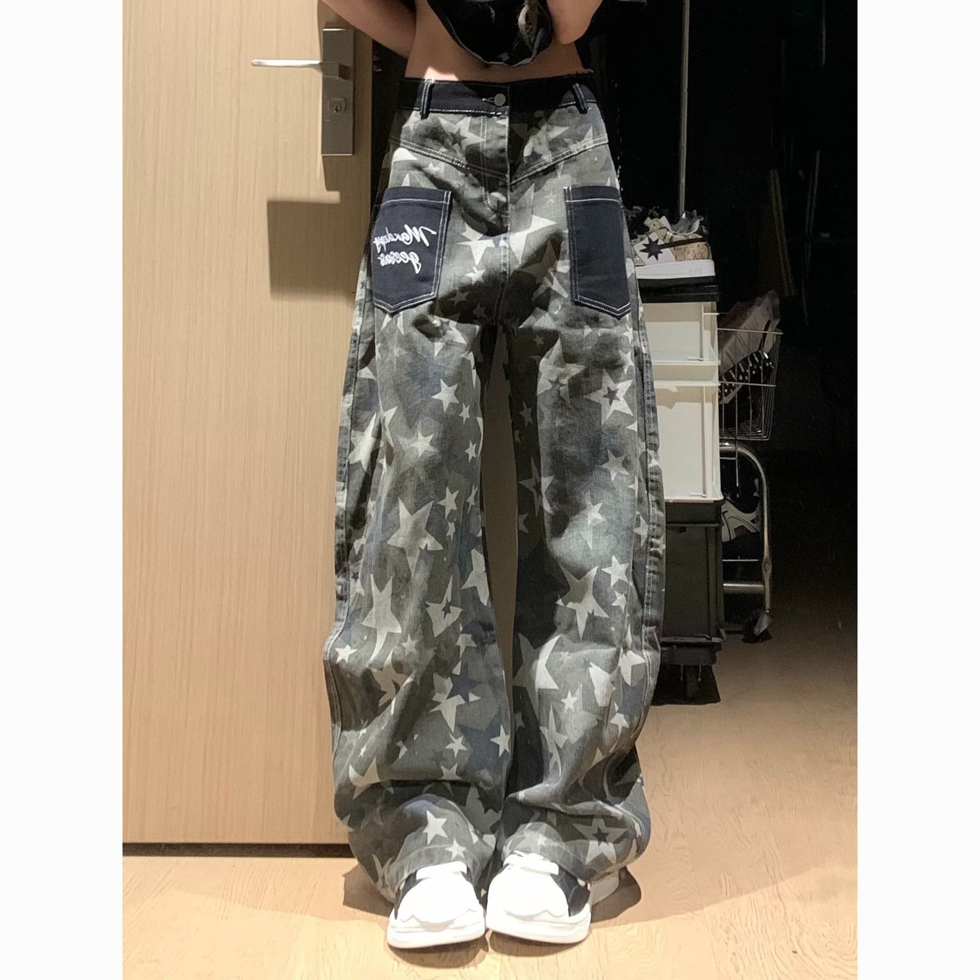 한 부서 chic 아메리칸 레트로 별 카모플라주 넓은 다리 청바지 여성 2026 여름 새로운 루즈핏 롱 바지 이미지 4
