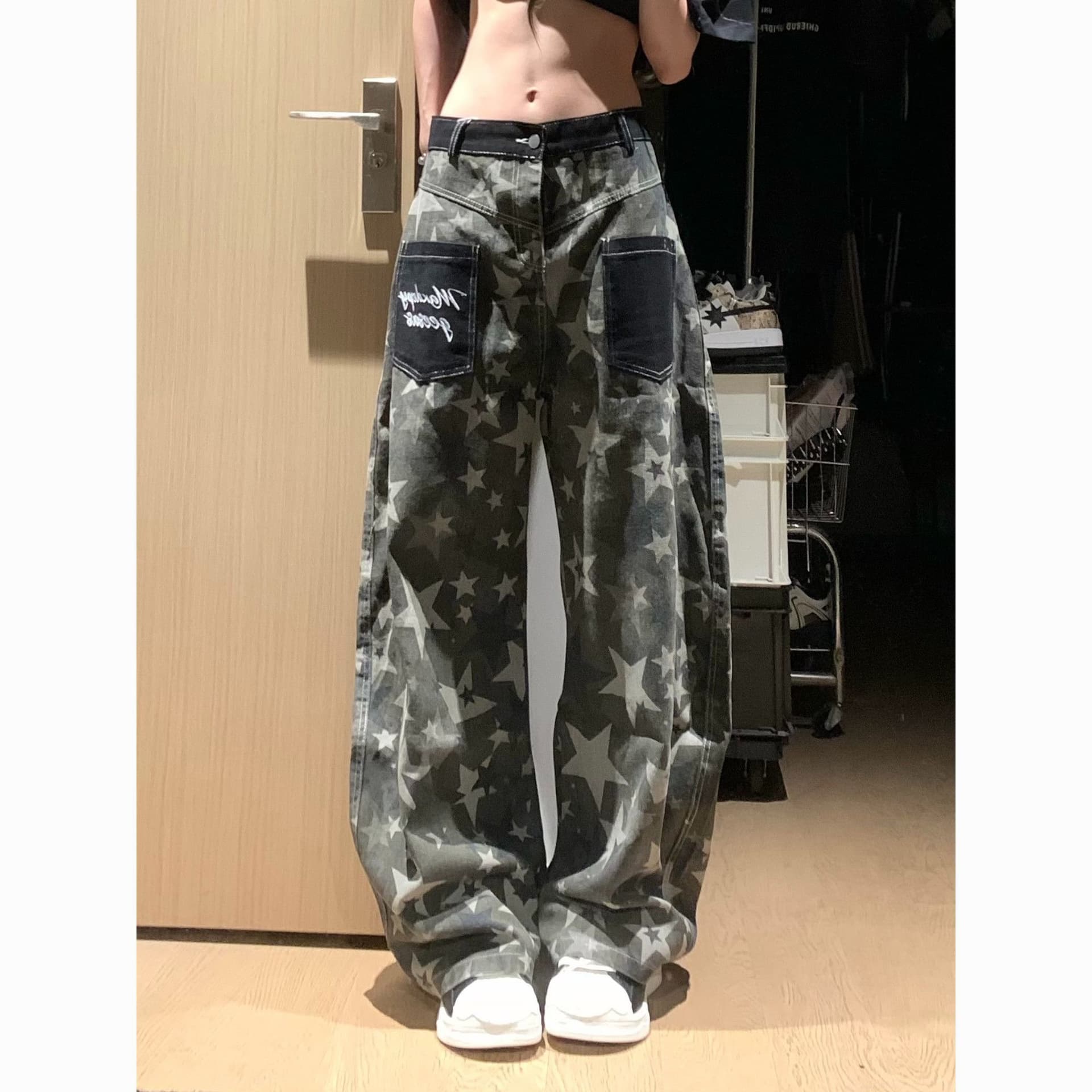 한 부서 chic 아메리칸 레트로 별 카모플라주 넓은 다리 청바지 여성 2026 여름 새로운 루즈핏 롱 바지 상세 이미지 1