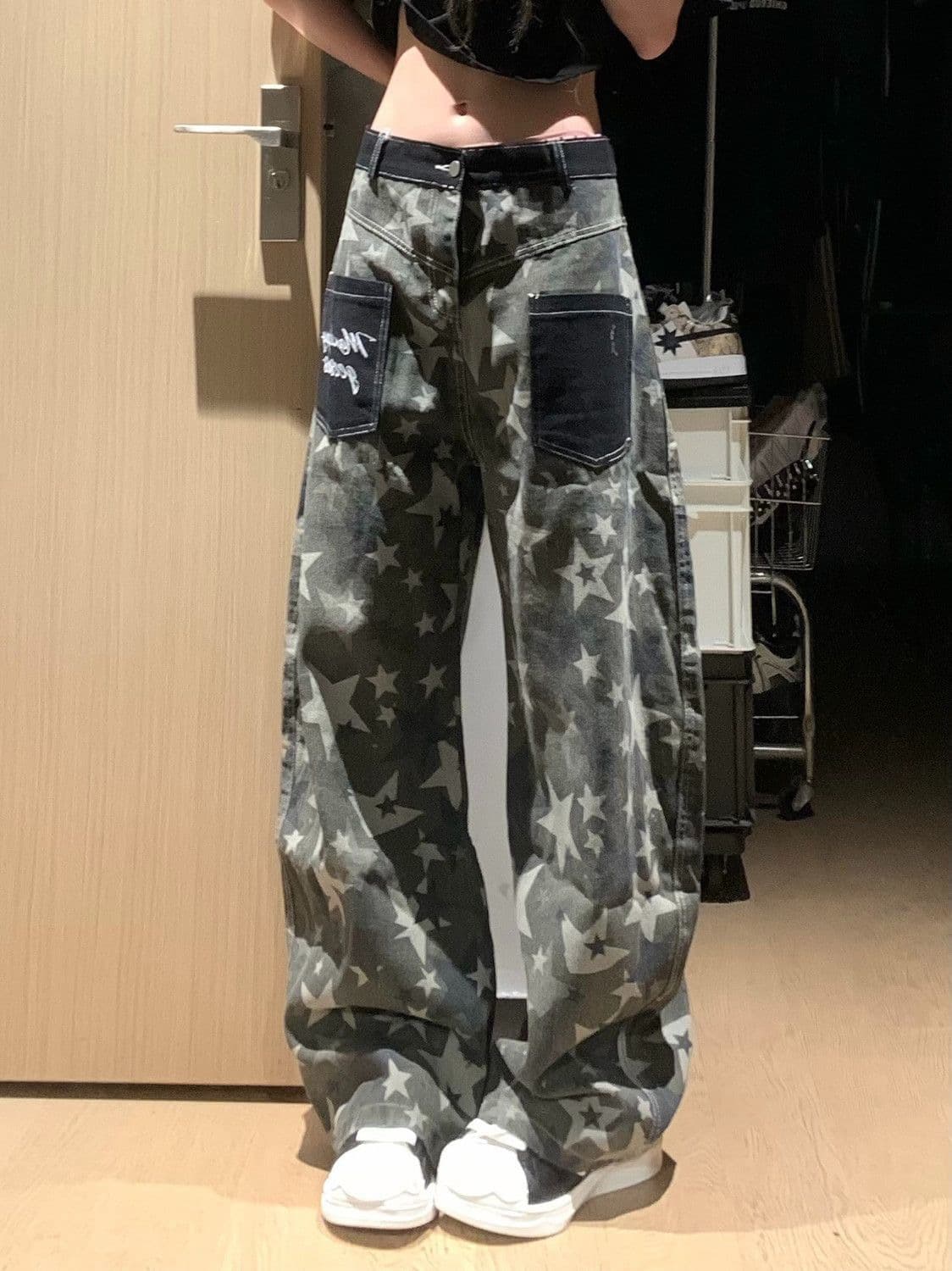 한 부서 chic 아메리칸 레트로 별 카모플라주 넓은 다리 청바지 여성 2026 여름 새로운 루즈핏 롱 바지 상세 이미지 8