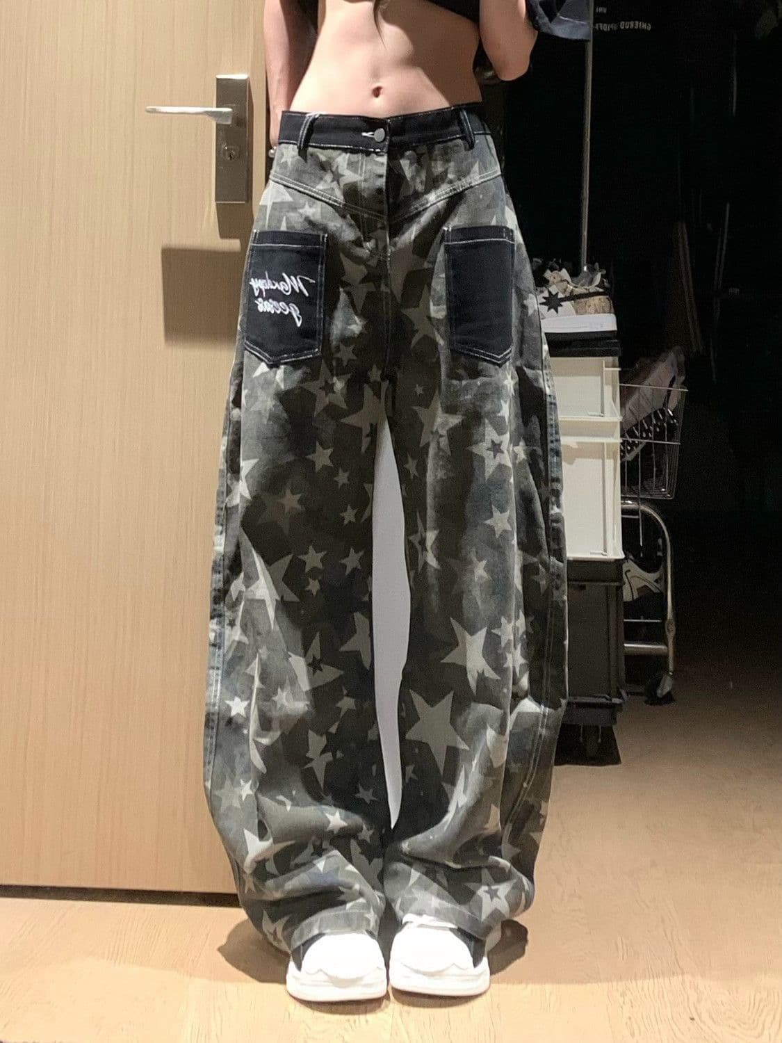 한 부서 chic 아메리칸 레트로 별 카모플라주 넓은 다리 청바지 여성 2026 여름 새로운 루즈핏 롱 바지 상세 이미지 9