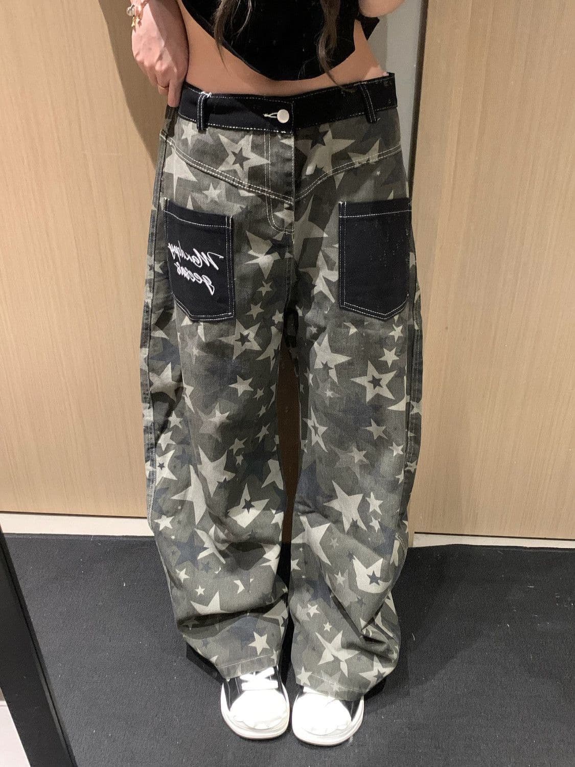 한 부서 chic 아메리칸 레트로 별 카모플라주 넓은 다리 청바지 여성 2026 여름 새로운 루즈핏 롱 바지 상세 이미지 10