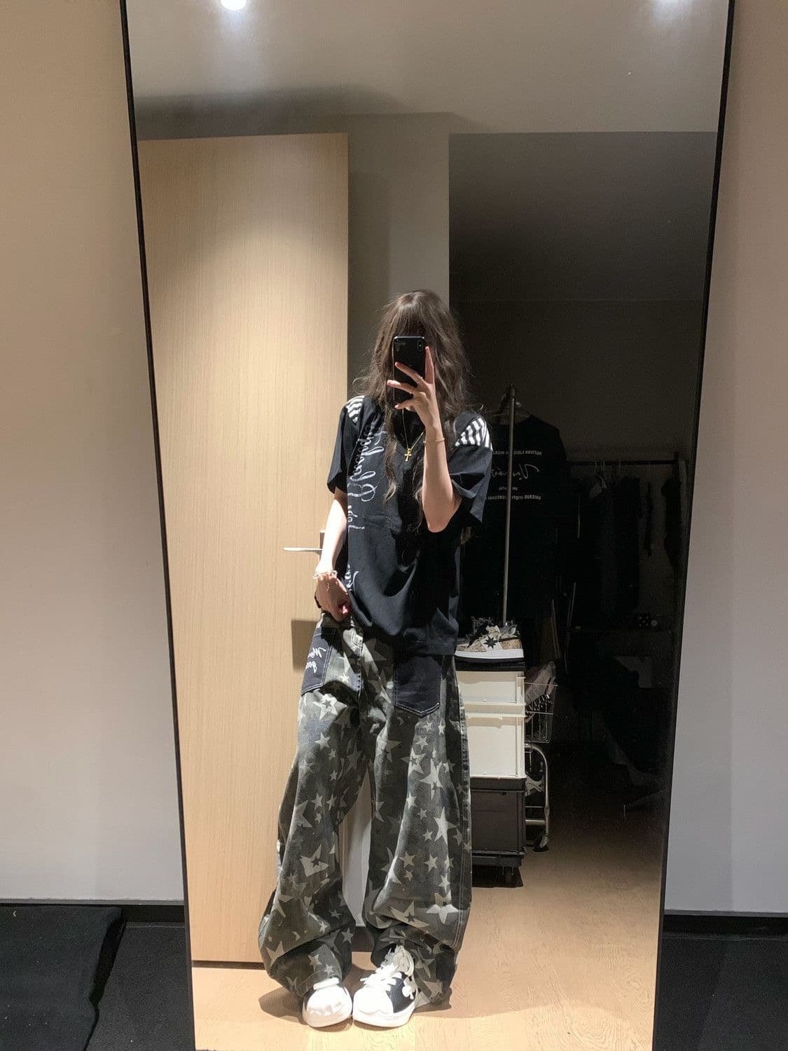 한 부서 chic 아메리칸 레트로 별 카모플라주 넓은 다리 청바지 여성 2026 여름 새로운 루즈핏 롱 바지 상세 이미지 12