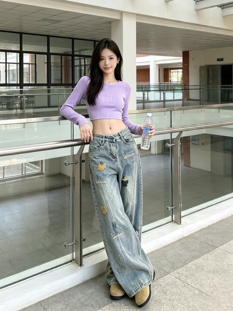 만화 자수 청바지 바지 여자 2026 여름 새로운 하이웨이스트 루즈핏 데님 와이드 레그 팬츠 스트레이트 팬츠 이미지 3