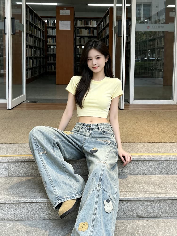 만화 자수 청바지 바지 여자 2026 여름 새로운 하이웨이스트 루즈핏 데님 와이드 레그 팬츠 스트레이트 팬츠 상세 이미지 11