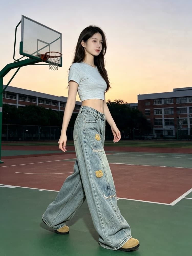만화 자수 청바지 바지 여자 2026 여름 새로운 하이웨이스트 루즈핏 데님 와이드 레그 팬츠 스트레이트 팬츠 상세 이미지 12