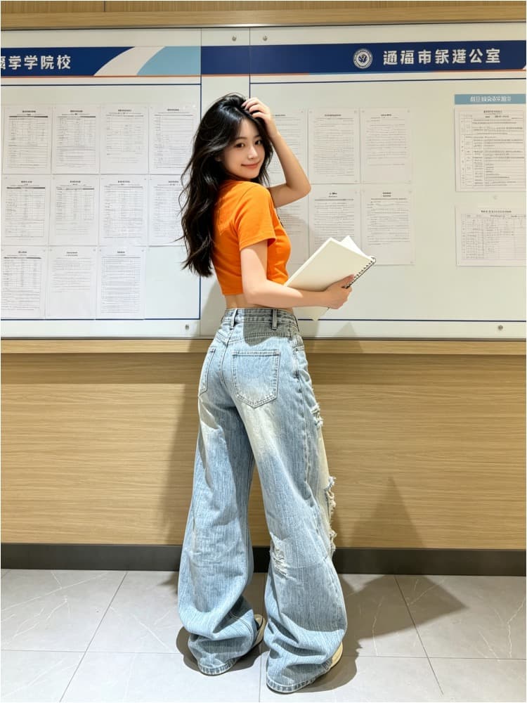 아메리칸 높음 거리 찢어진 부분 디자인 센스 워싱 청바지 여성 여름 루즈핏 핫걸 하이웨이스트 넓은 다리 스트레이트 롱 바지 상세 이미지 4