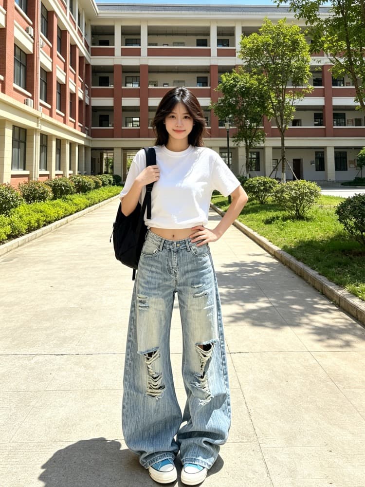 아메리칸 높음 거리 찢어진 부분 디자인 센스 워싱 청바지 여성 여름 루즈핏 핫걸 하이웨이스트 넓은 다리 스트레이트 롱 바지 상세 이미지 10